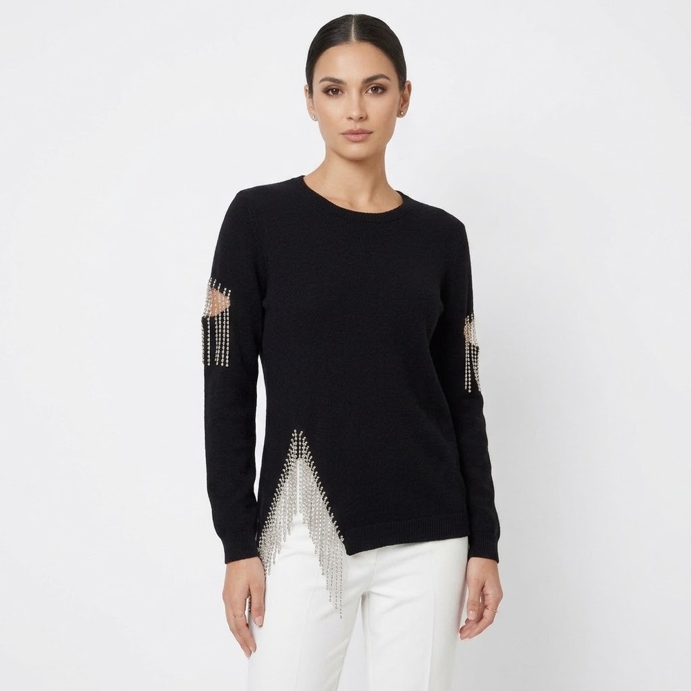Frank Lyman Design Black Rhinestone Fringe Cut Out Pullover Sweater Medium